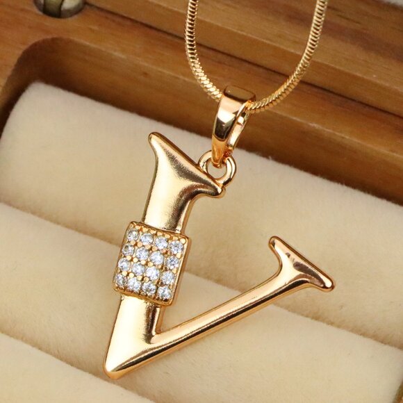 "Rose Gold V Letter Pendant with CZ Accents, XPPT1433 - Picture 1 of 13